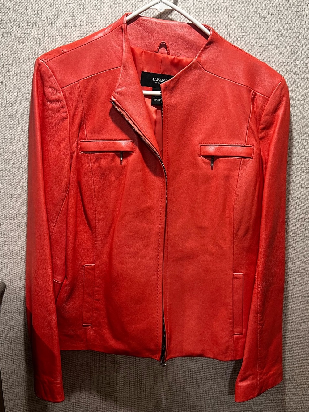 Alfani Genuine Leather Jacket Womens Large Coral Red Moto Zip Front Lightweight